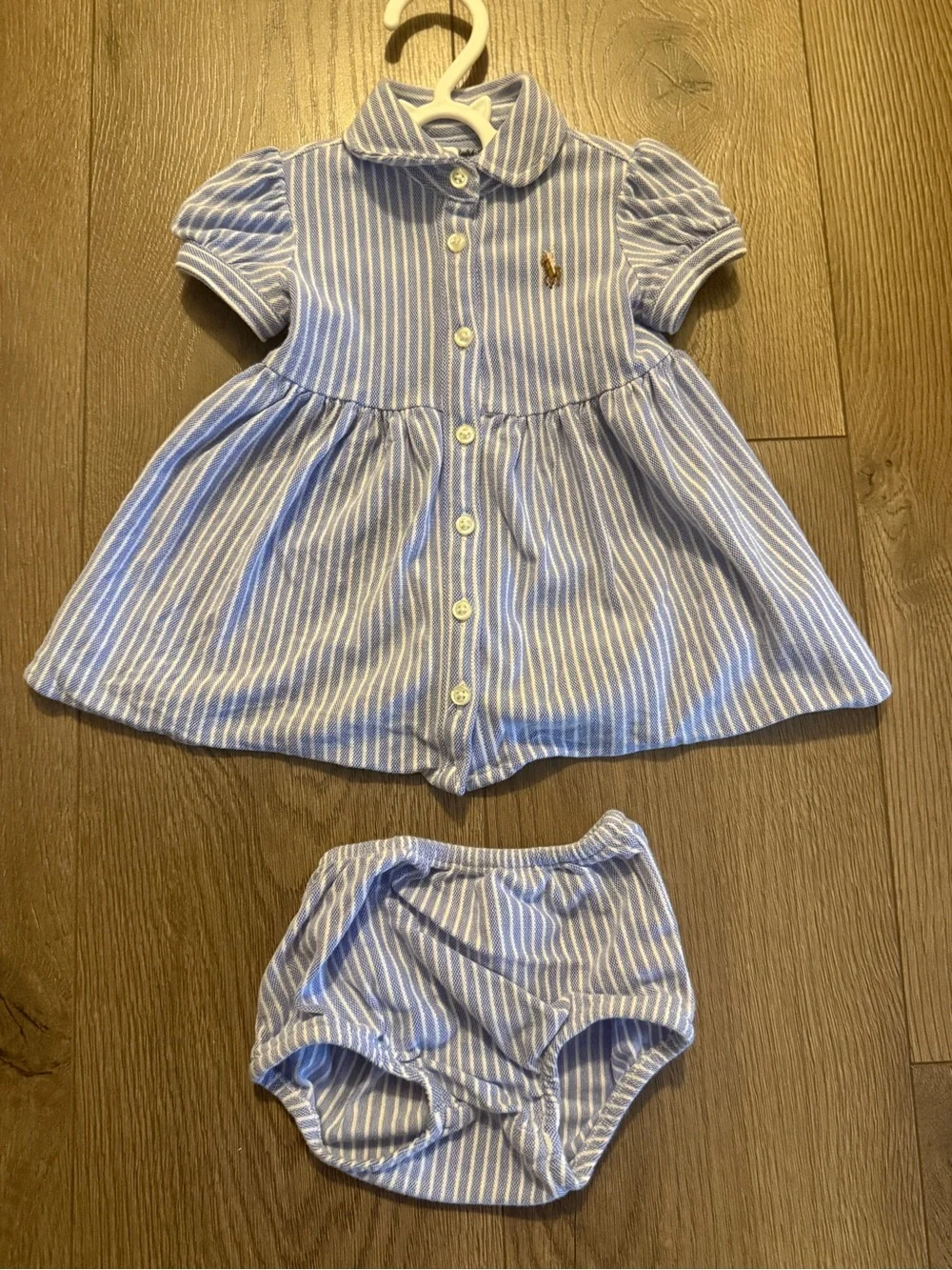Ralph Lauren Blue and White Striped Cotton Baby Dress with Bloomers